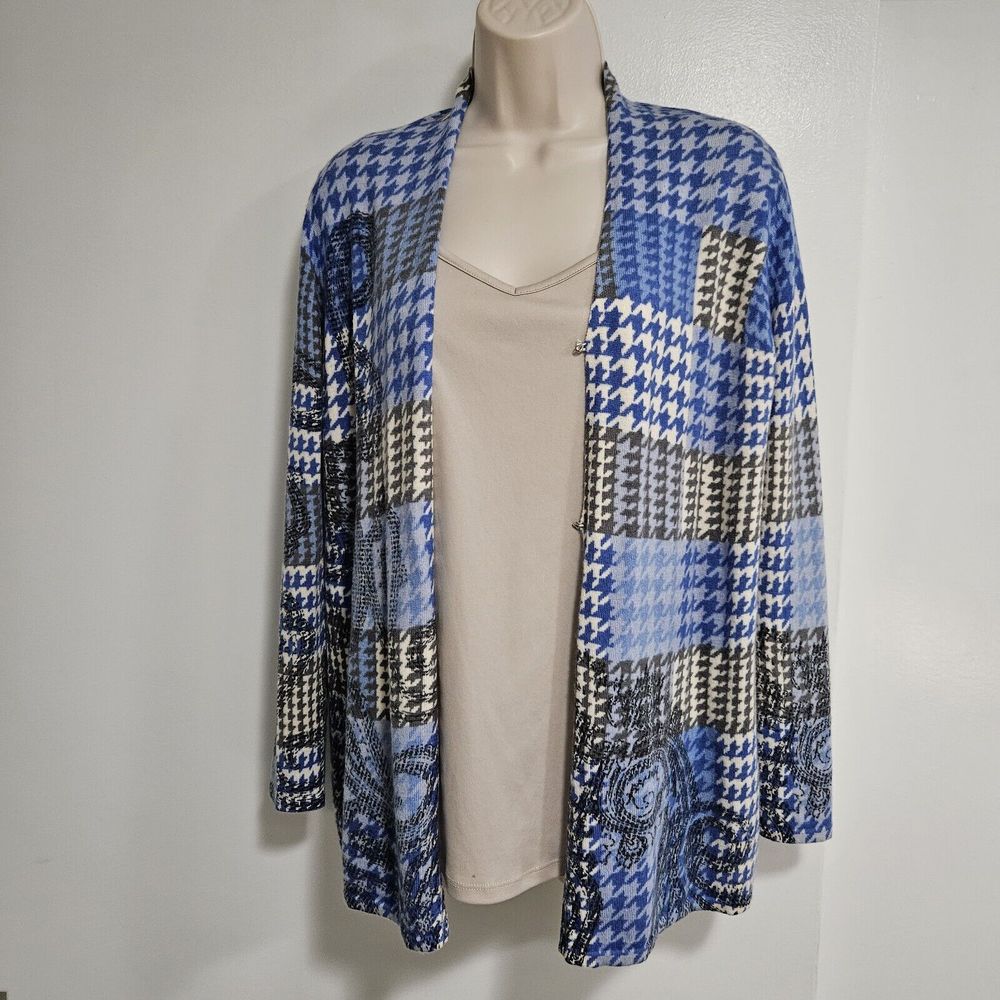 Talbots Petite‎ Medium PM Blue Multi Merino Wool Houndstooth Cardigan Sweater